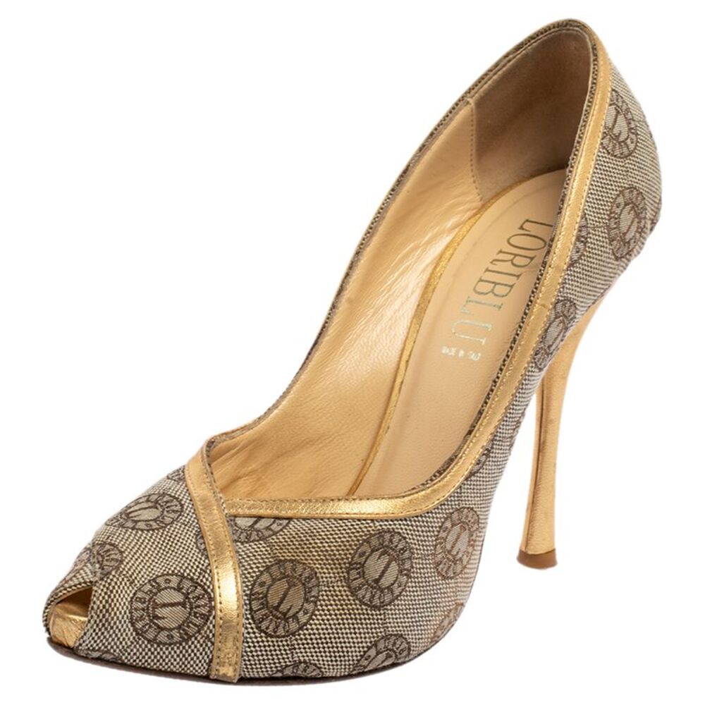 Loriblu Beige Canvas Monogram Peep Toe Pumps Size 38